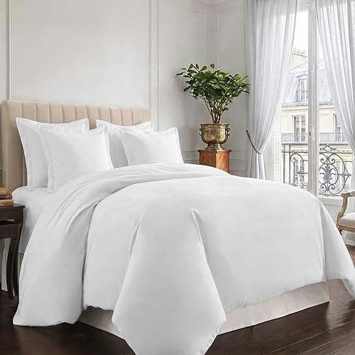 Pizuna Coton peigné Ensemble de Housses de Couette 220x240 cm 2 Personnes Blanc, 100% Coton Longue Tige 400 Fils Armure Satin, Housse de Couette de Luxe avec Fermeture à Boutons Blanc (240x220cm)