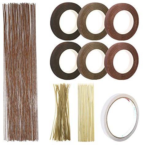 Woohome 10 Stück Blumen Arrangement Tool Kit, 2 Stil Floral Kreppband, 26 Gauge Weiß Blumenstamm Draht, Braun Blumenkabelbinder und Bambusstock für Blumen DIY, Wohnkultur