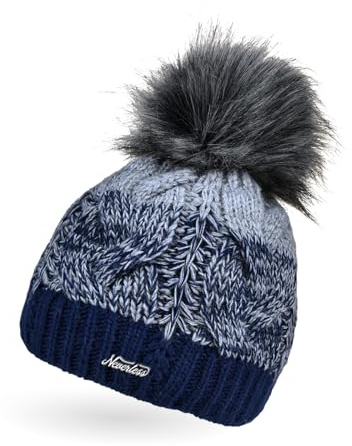 Neverless® Damen Strick-Mütze gefüttert Fleece-Innenfutter Fell-Bommel Kunstfell Winter-Mütze Bommelmütze Zopfmuster Mehrfarbig