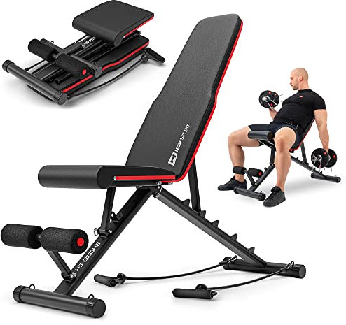 Hop-Sport Hantelbank, Klappbare Trainingsbank mit 6-fach verstellbarer Rückenlehne, Beinfixierung, inkl. Expanderseile, Multifunktional Fitnessgeräte für Zuhause, 150 kg Max. Belastbarkeit