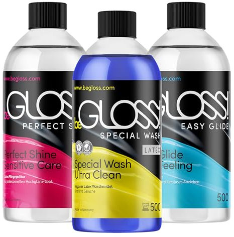 Latex Pflege Komplett SET 3 x 500 ML - Easy GLIDE - Perfect SHINE - Special WASH LATEX - Silikon Öl Gummi Silicon Anziehhilfe Waschmittel