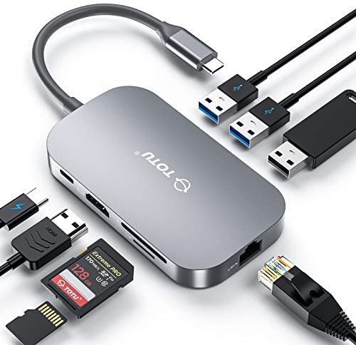 TOTU 8-in-1 Type C Hub with 4K USB C to HDMI, 2 USB 3.0 Ports, USB 2.0 Port, SD/TF Card Reader, Compatible with MacBook Pro Air and Type C Laptops, Grey (TT-HB001C)