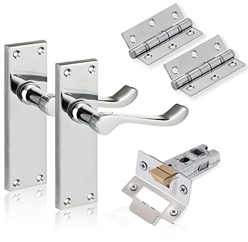 XFORT Chrome Elegance Range Polished Chrome 6 Victoran Scroll Lever Latch Door Pack, Complete Set with Door Handles, 65mm Tubular Latch and 75mm Ball Bearing Hinges, for Internal Wooden Doors