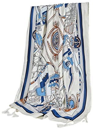 GLORIS Damen schal Weiß und Blau groß 180 * 90 cm mit bunten Meeresmotiv Print. Halstuch Tuch für Frauen. Kopftuch Halstuch Schal