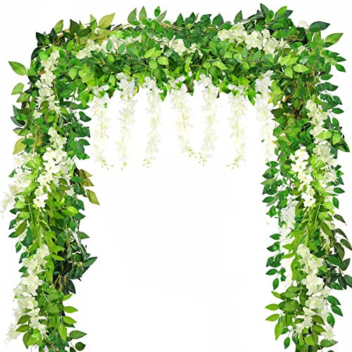 Yueshop 4x 8Ft/ 2.5M Artificial Wisteria Vine Garland Plants Artificial Flowers Arts For Ceremony Home Wedding Theme Park Decoration (White)