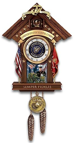 The Bradford Exchange USMC Semper Fi Fully Sculpted Cuckoo Clock with Mahogany Finish