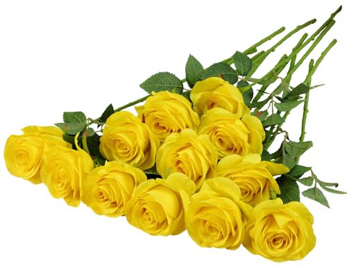 Helera 12 gelbe Rosen, künstliche Rosen, Seidenblumen, Rosen mit langen Stielen für Hochzeit, Zuhause, Party, Tafelaufsätze, Dekorationen
