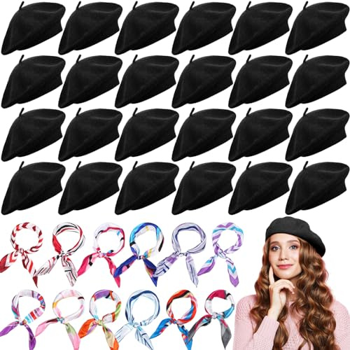 Shinymoon 48 Pcs Women Wool Beret Hat with Silky Scarf French Beret Bulk for Women Girls Winter(Black,Vibrant Style)