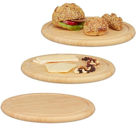 Relaxdays Juego de 3 Tablas de Cortar Redondas, de Bambú, Tablita de Desayuno, Cocina, Pan, Queso, Jamón, Ø30cm, Natural, 2 x 30 cm