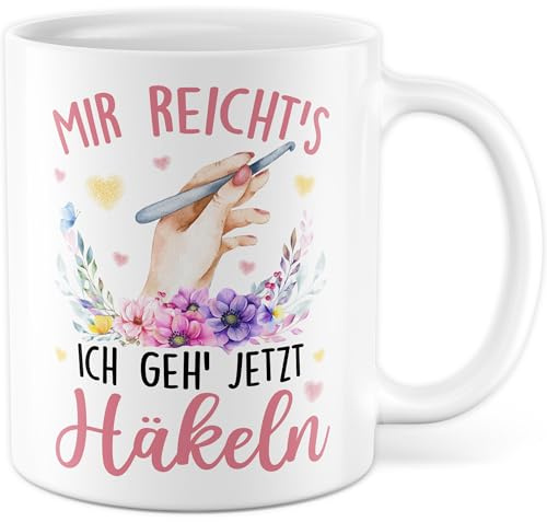 Häkeln Tasse mit Spruch - Geschenk Mir reichts - Ich geh Häkeln - Kaffeetasse 330ml aus Keramik - Häkeln Strickzubehör Kollegin Freundin Geschenkidee lustig Teetasse Kaffee-Becher