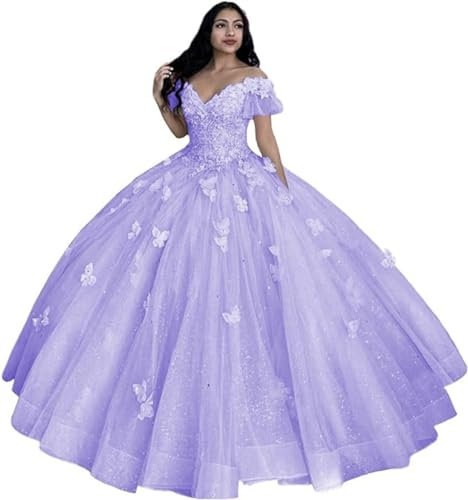 TSxuelian Abito da donna con spalle scoperte Quinceanera abito da ballo 3D farfalla dolce 16 abiti per adolescenti abito da concorso in tulle gonfio, Lilla, 46