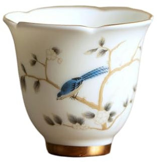Lot de 5 tasses à thé en céramique, Jade faite à la main Tasse à thé en porcelaine blanche, Motif oiseau peint à la main, Thé ménager, Outils à boire pour le restaurant
