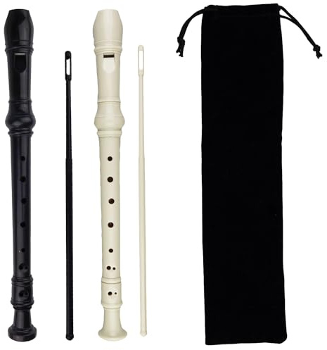 Kasteco 2 Pack German Style 8 Hole-3 Piece Descant Soprano Recorders with Cleaning Rod, Black Storage Bag, ABS Material (Ivory White and Black)