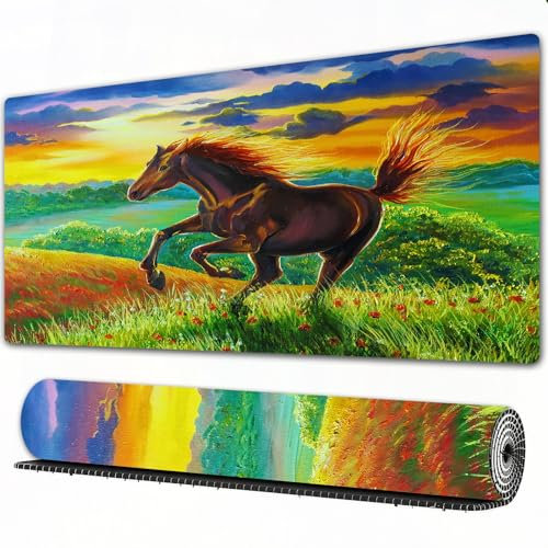 EOMKSE Mauspad Verlängertes großes Mauspad Schreibtischauflage,genähte Kanten Mauspad,Gummibasis,EIN galoppierendes braunes Pferd bei Sonnenuntergang,Gaming-Mauspad,40x90 cm