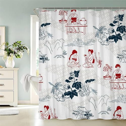 NYSMGS Duschvorhang Japan 120x180 cm Anti-Schimmel Wasserdichter Waschbar Polyester Stoff Shower Curtain für Badezimmer 3D Japanischer Stil Badewanne Vorhang mit 12 Duschvorhängeringen