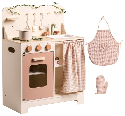 ROBOTIME Wooden Play Kitchen, Kids Toy Kitchen with Apron, Glove and Curtain, Children Kitchen with Leaf String, Educational Pretend Play Cooking Set, Rustic Style Gift for Girls Aged 3+, Cream Rose
