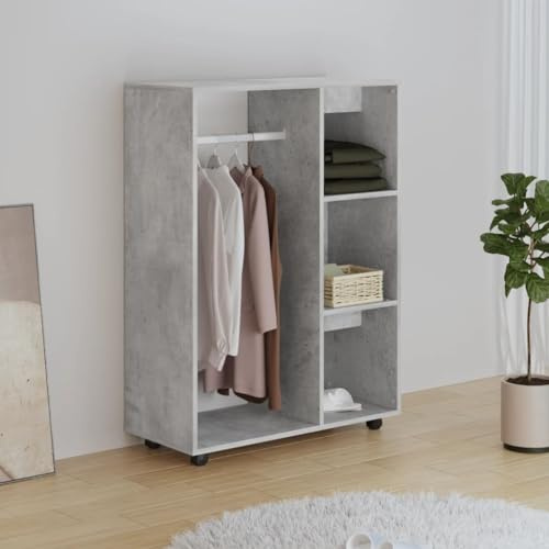 Willood Kleiderschrank mit offenem Fach 3 seitlichen Ablagen Rollen Garderobenschrank Garderobe Schlafzimmer Schrank Betongrau 80x40x110 cm Holzwerkstoff