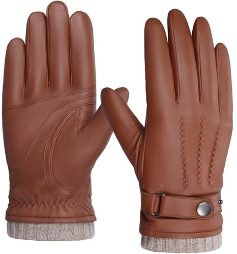 BISON DENIM Guantes de piel para hombre, de invierno, cálidos, con función de pantalla táctil, Bronceado., L