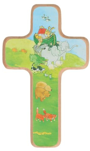 Butzon & Bercker Kinderkreuz 'Arche Noah - Tiere' in Geschenkverpackung zum aufhängen, Buche 11x18cm – Christliches Geschenk für Jungen und Mädchen – für Taufe, Geburt, Kommunion