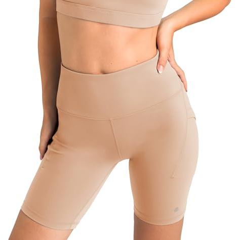 Aruki Shorts Donna Biker Vita Alta con Tasche Laterali, Compressione Elasticizzata, Traspirante per Palestra Yoga Pilates Corsa Ciclismo Allenamento Fitness Quotidiano Sportivo – Doeskin – S