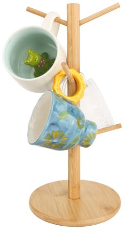 MJFENDAI Wood Mug Tree, Cup Holder Tree with Thickened Base, Mug Holders for Kitchen, Coffee Cup Holder Storage Rack with 6 Hooks for Tea Coffee Cup Mug Hooks (Bamboo Color)