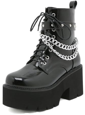 smlekwc Mujer Cordones Botines con Cremallera Lateral Charol Botas Punk Góticas con Cadena Metálica Tacón Grueso Plataforma Botines Cortos,Negro,39 EU