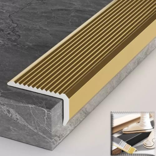 ZIUSFAC 90cm 120cm Treppenwinkel Metall Winkelprofil rutschfeste Aluwinkel Außen Innen Stufenkantenprofil L-förmige Kantenschutzprofil Einfache Montage(Gold,L 115cm/45in)