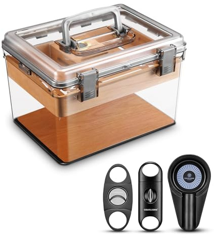 CLZOONG Acryl Zigarren Humidor Set mit Luftbefeuchter und Hygrometer, transparenter Humidor Fall Eingebautes Zedernregal, tragbarer Desktop Humidor Box Lagerung für etwa 70 Zigarren (Small)