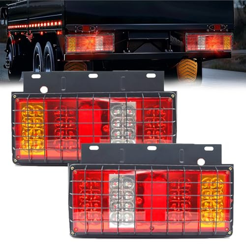 Biqiure 2PCS Luces Traseras Remolque, LED Lámpara de Cola Trasera 24V Luces Indicadoras LED Lámpara de Marcha Atrás de Freno de Cola Trasera con red de Hierro (Modelo F)
