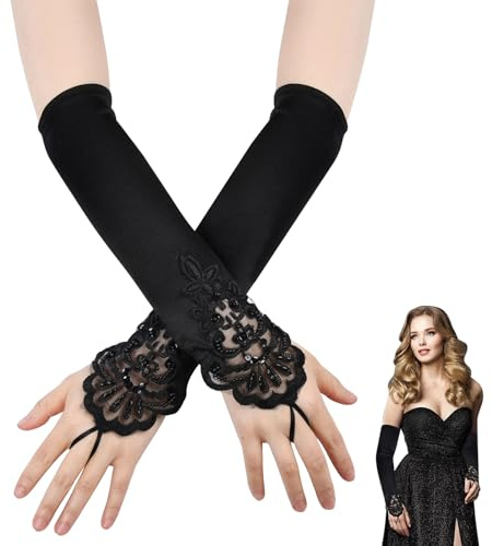 1920s Gants Femmes,Gants de Soirée Noir,Gants Longs en Satin pour Femme,Classique Gant de Soirée Noir,Gants D'opéra pour Femmes Dentelle,Gants Longs en Dentelle Perle