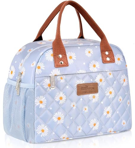 HOMESPON Lonchera aislada para mujeres, adultos, trabajo, señoras, hombres, bolsa de almuerzo, bolsa de almuerzo para escuela, picnic o viajes (bolsillos laterales de margaritas azules)