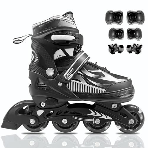 Größenverstellbare Inline-Skates mit Schutzausrüstung für Kinder (4-12 Jahre) – Anfängerfreundlich, Indoor/Outdoor geeignet für Jungen & Mädchen Schwarz-Silber (M(32-35 EU/210-240 mm))