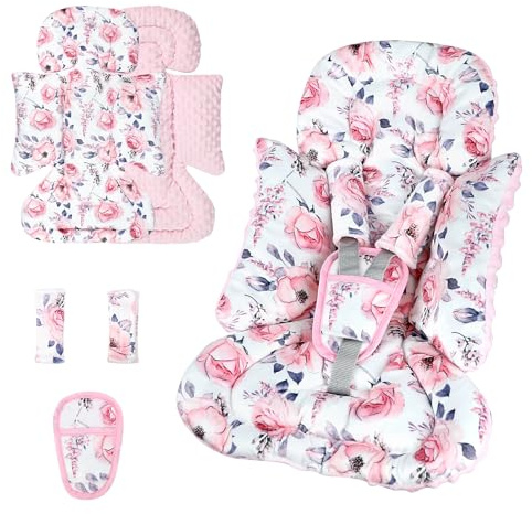 SWESEN Infant Car Seat Insert with 3 Strap Covers Set, Car Seat Head Support Baby for Girls, Soft 3 in 1 Baby Car Seat Cushion for Strollers, Bouncers, Swing, Floral