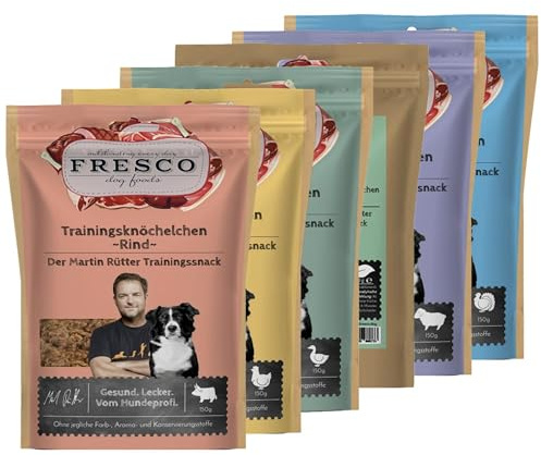 FRESCO Dog Martin Rütter Trainingsknöchelchen PROBIERPAKET 6x150g | Hundeleckerli getreidefrei & hoher Fleischanteil | Geruchs- & fettarm | Für kleine & große Hunde Leckerlis fürs Hundetraining