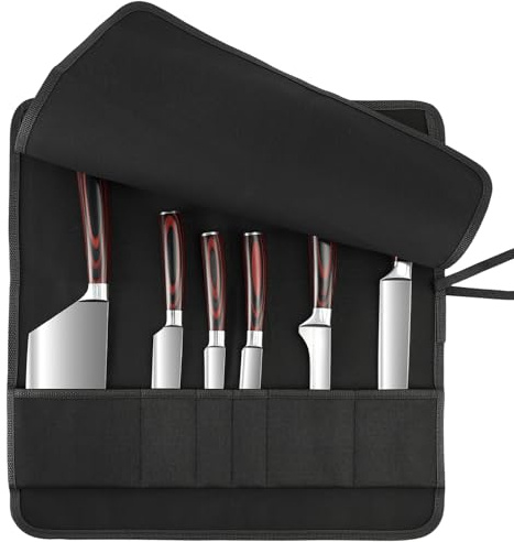 6 Slot Puncture Resistant Knife Roll, Waxed Canvas Knife Bag Featuring UHMWPE Fabric, Tie Straps Knife Roll Bag Fit 8-Inch Chef Knives