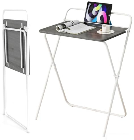 SFAREST Folding Computer Desk, 64 x 43 x 80cm Wooden Metal Frame PC Laptop Table for Small Spaces with Desktop Bracket, No Assembly Required Study Work Desk Writing Workstation for Home Office (Grey)