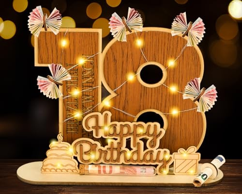I LOVE MOM Originelle 18. Geburtstag Geschenk Mädchen & Jungen - Geldgeschenke Geburtstag 18 mit LED Lichterkette Ständer - Holz-Schild Gästebuch - 18 Geburtstag Deko - Personalisierbares Geschenk