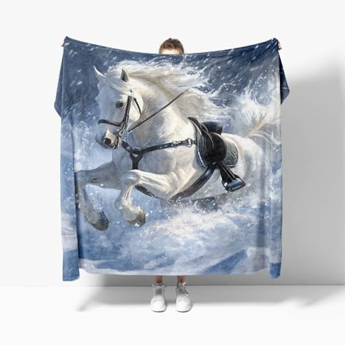 Flauschige Kuscheldecke XL 130x150 cm Tierisches WeißEs Pferd-Muster Anti-Fading und Nicht Fallend TV-Decke Weich Warm Wohndecke WeißEs Schneefeld Fleecedecke als Sofadecke Bettüberwurf Geschenkdecke