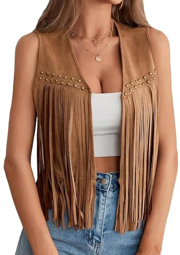 Damen-Weste, 70er-Jahre, Hippie-Kunstwildleder, Fransen, ärmellos, offene Vorderseite, Westernjacke, Cardigan, Oberbekleidung