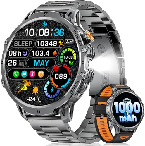 LIGE Militär Smartwatch Herren - 1000 mAh/1,85 HD Großes Touchscreen/LED-Licht, Fitnessuhr mit 110+ Sportmodi, Herz-/Schlaftracking,2 Armbändern,Sportuhr für iOS/Android, Mattschwarz