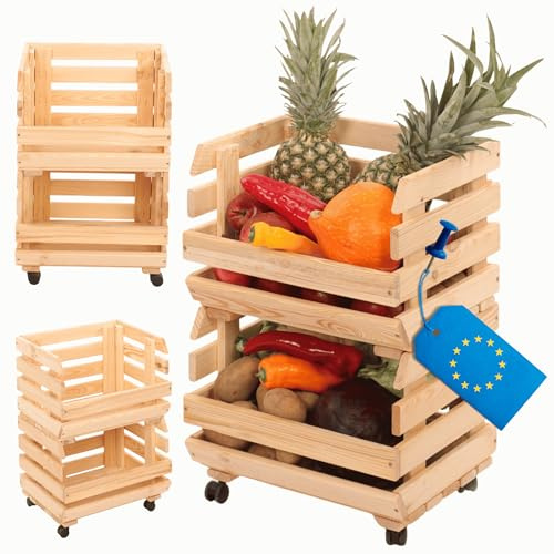 MODO24 Modular Holzregal für Gemüse & Obst auf Rollen, Stapelbares Regalsystem aus Kiefernholz, 2 Holzkisten, Kartoffelsteige, Küchenregal, Vorratsregal, Gemüseregal, Abm. 55x37x30 cm, Fargbe: Natur