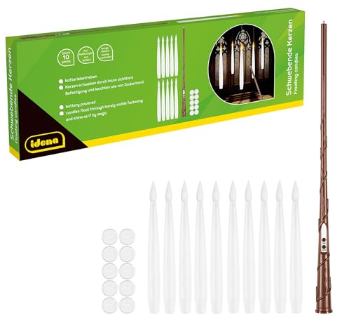 Idena 31874-10 Stück Schwebende Kerzen mit Zauberstab Fernbedienung, flackerndes LED Licht in Warmweiß, batteriebetrieben (11x AAA nicht enthalten), inkl. 10 Halterungen und Nylonfaden