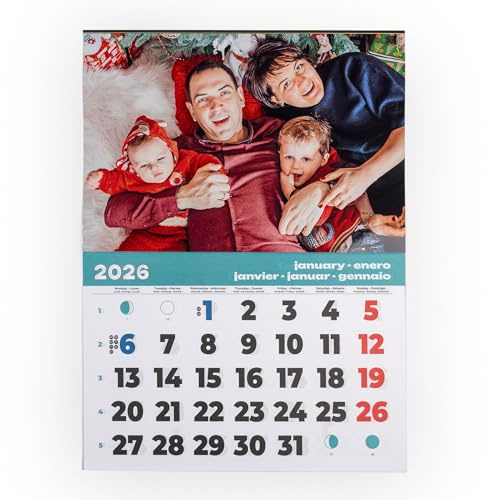 Wanapix | Fotokalender 2026 zum selbstgestalten | Mehrsprachig | Abreißkalender | Wandkalender mit Foto | 44 x 60 cm | 100% Personalisiert