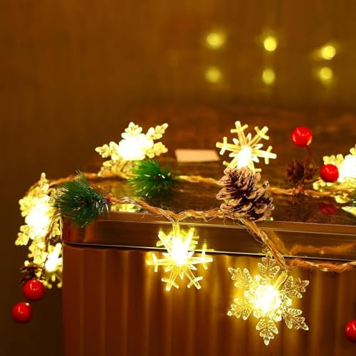 TETSMG Weihnachten Deko Lichterkette Innen Batterie, 2m 20 LED Schneeflocke und Tannenzapfen Lichterkette Weihnachten, Weihnachtsdeko Innen Lichterketten, Warmweiß Weihnachtslichterkette (A, 2M)