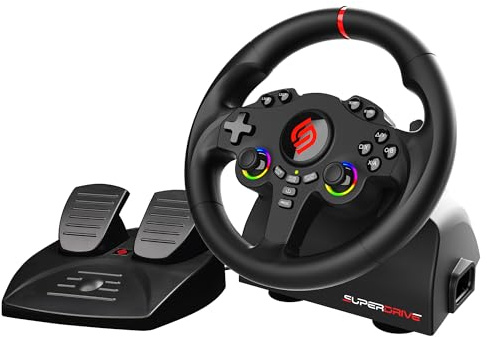 SUBSONIC - Superdrive 220 RS Lenkrad – LED-Rennlenkrad mit Zwei Joysticks für GTA – Durchmesser 22 cm, 180°-Drehung, Pedale und Schaltwippen. Für Switch 2 / Switch, PS4, PC und Xbox - Schwarz