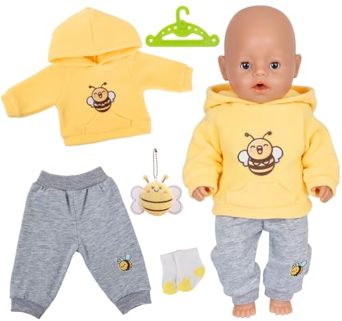 5 Stück Puppenkleidung für 12-18 Zoll Baby Puppen, Gelb Bienen Baby Kleidung Outfits mit 1 Hoodie 1 Hose 1 Socken 1 Kleiderbügel 1 Ornament für 30-43cm Puppenzubehör Kinder Geschen