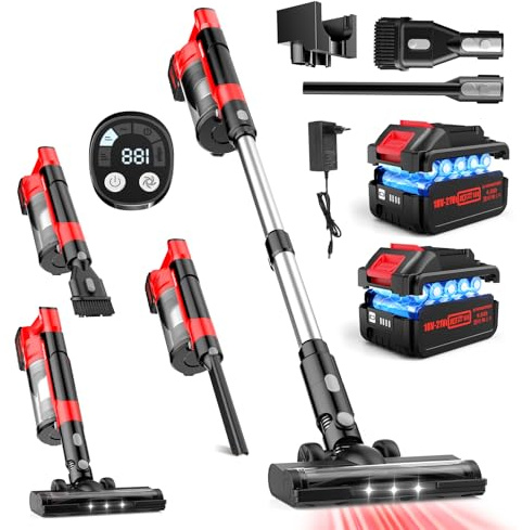700W Cordless Vacuum Cleaner,60KPa/70 Mins Stick Vacuum with 2×4.0 Ah Removable Batteries, 6-IN-1 Handheld Vacuum Cleaner with Anti-Tangle Brush,LED Display, Powerful Vacuums for Pet Hair/Carpet/Floor