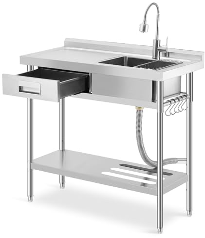 Edelstahl Spültisch 90×50×100CM, Freistehende Küchenspüle 1 Becken, Gewerbliche Spülbecken Mit Wasserhahn Kalt Und Warmwasserschläuchen, Für Waschküche Outdoorküche Gastro Geschäft Restaurant