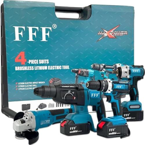 Kit Attrezzi a Batteria 4 in 1 Professionale Fai da Te: Trapano Avvitatore a Percussione, Smerigliatrice Angolare (Flex), Trapano a Martello e Avvitatore a Impulsi Svita Bulloni + 2 Batterie 68v.