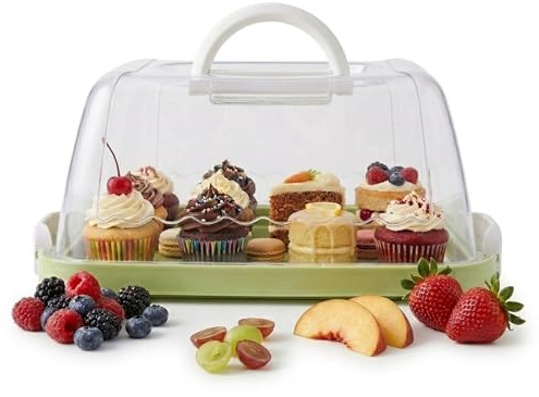Kisstta Tårttransportbur rektangulär, tårtlåda med lock och bärhandtag, 25 x 25 x 12 cm bärbar tårttransportlåda, tårttransportlåda för tårtor, muffin, grön, transparent (grön 1)